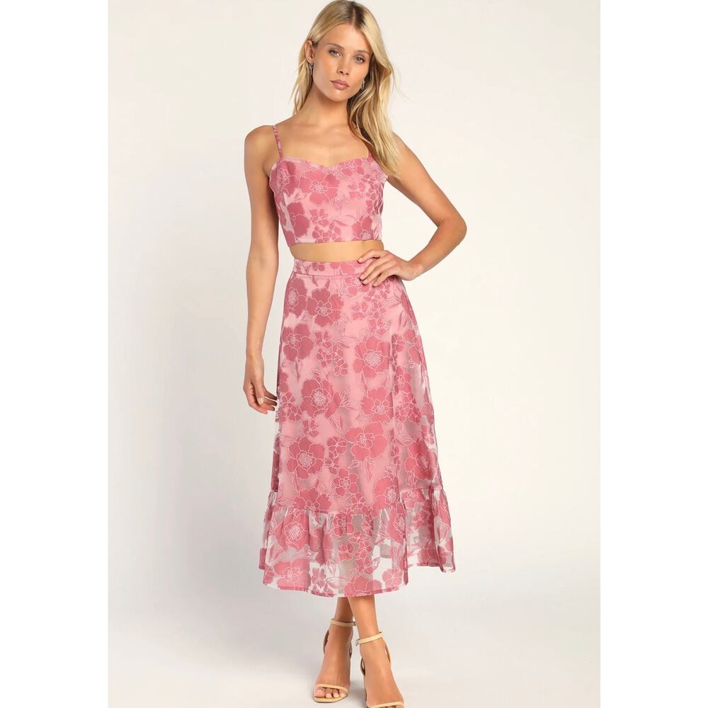 Lulus Certainly Stylish Mauve Pink Burnout Floral Two-Piece Midi Dress
